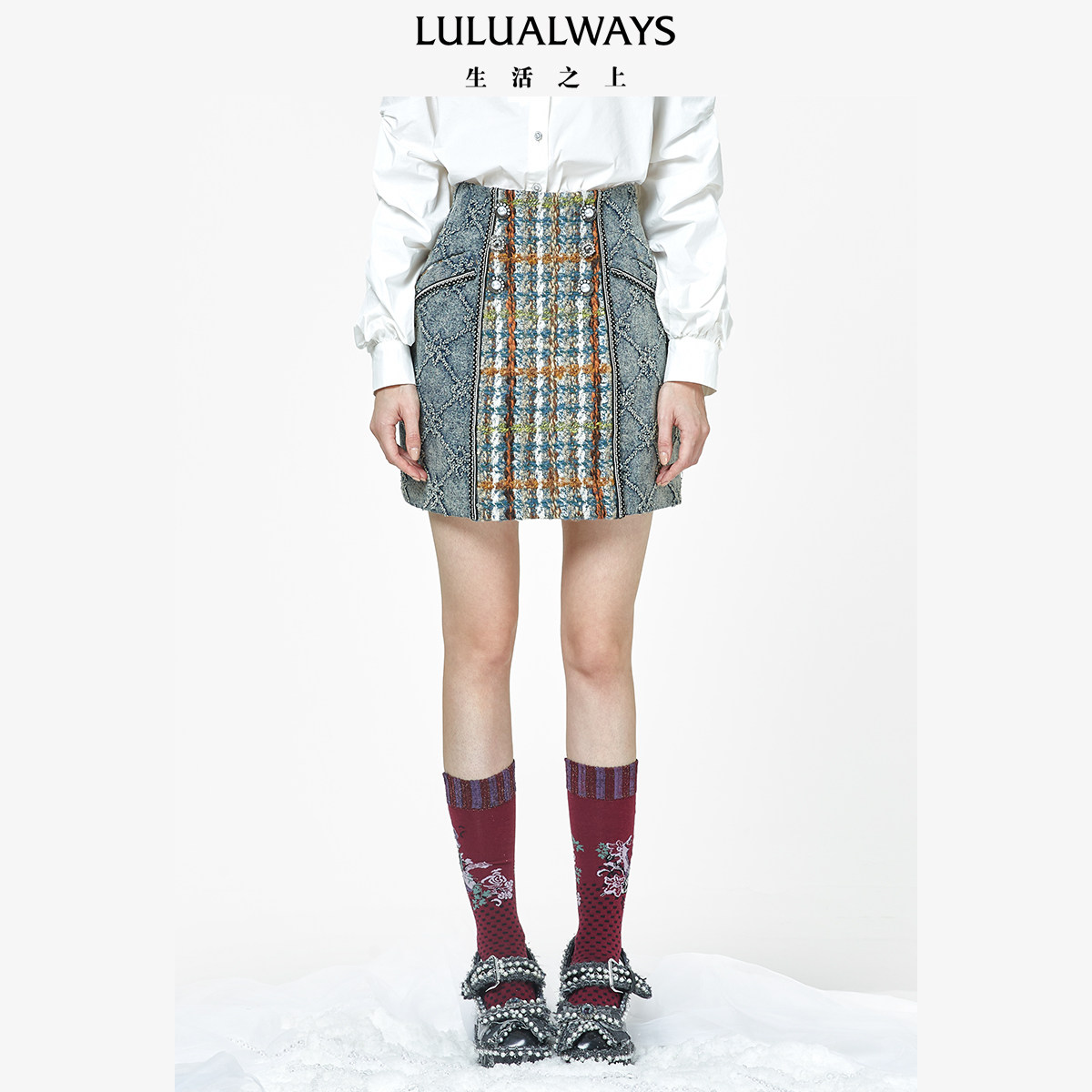 LULUALWAYS软呢拼接短半裙图片