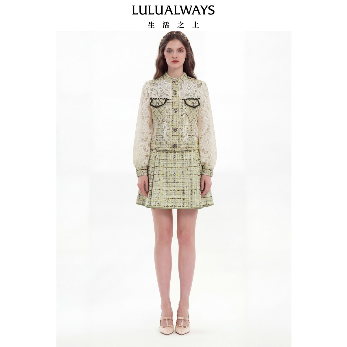 LULUALWAYS【商场同款】26春季新款优雅气质小香风蕾丝粗花呢外套