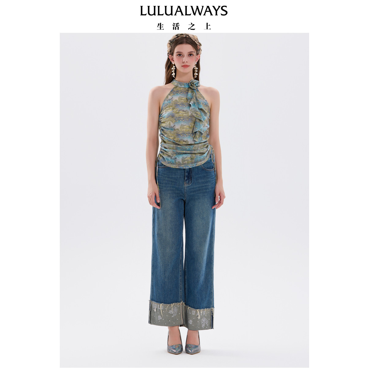 LULUALWAYS我爱露露秋季新款浪漫艺术油画挂脖立体花饰吊带上衣