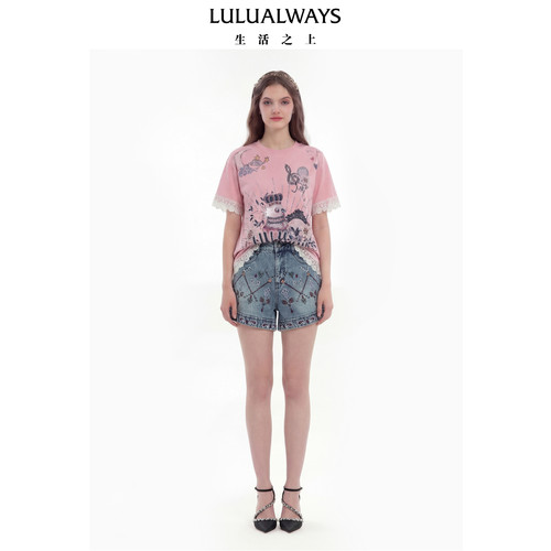 LULUALWAYS【商场同款】26夏季新款复古民族风刺绣高腰牛仔短裤女