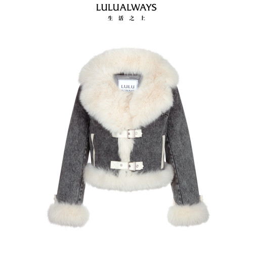 LULUALWAYS【商场同款】时尚大气牛仔派克毛领羽绒服女