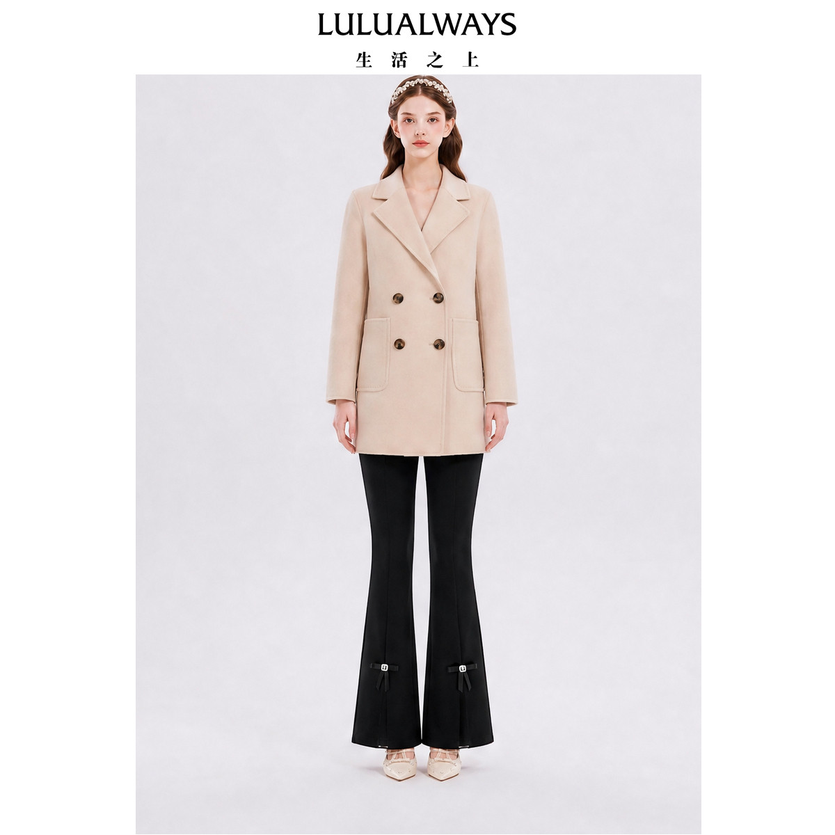 LULUALWAYS我爱露露26冬季新款轻奢宽松简约绵羊毛西装领毛呢大衣