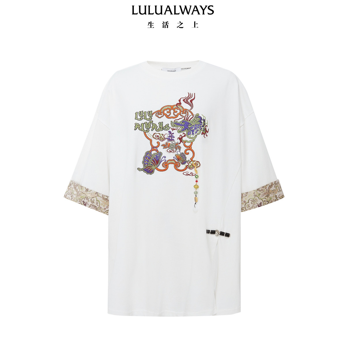 【明星同款】LULUALWAYS夏季新款国风休闲宽松版慵懒中长款T恤