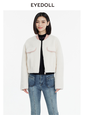 EYEDOLL新款优雅温柔白色绵羊毛短款毛呢外套