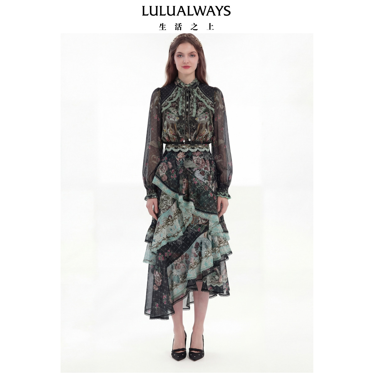 LULUALWAYS【商场同款】26春季新款复古宫廷风黑色荷叶边雪纺上衣