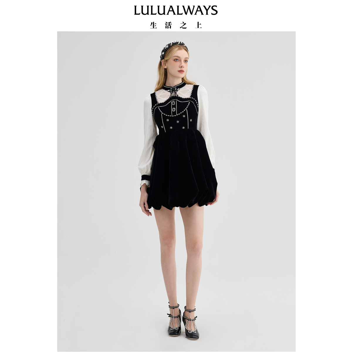 LULUALWAYS【商场同款】冬季新款优雅经典黑白拼接连衣裙公主裙