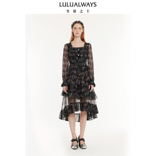 LULUALWAYS【商场同款】秋季新款复古氛围感绑带高腰雪纺连衣裙