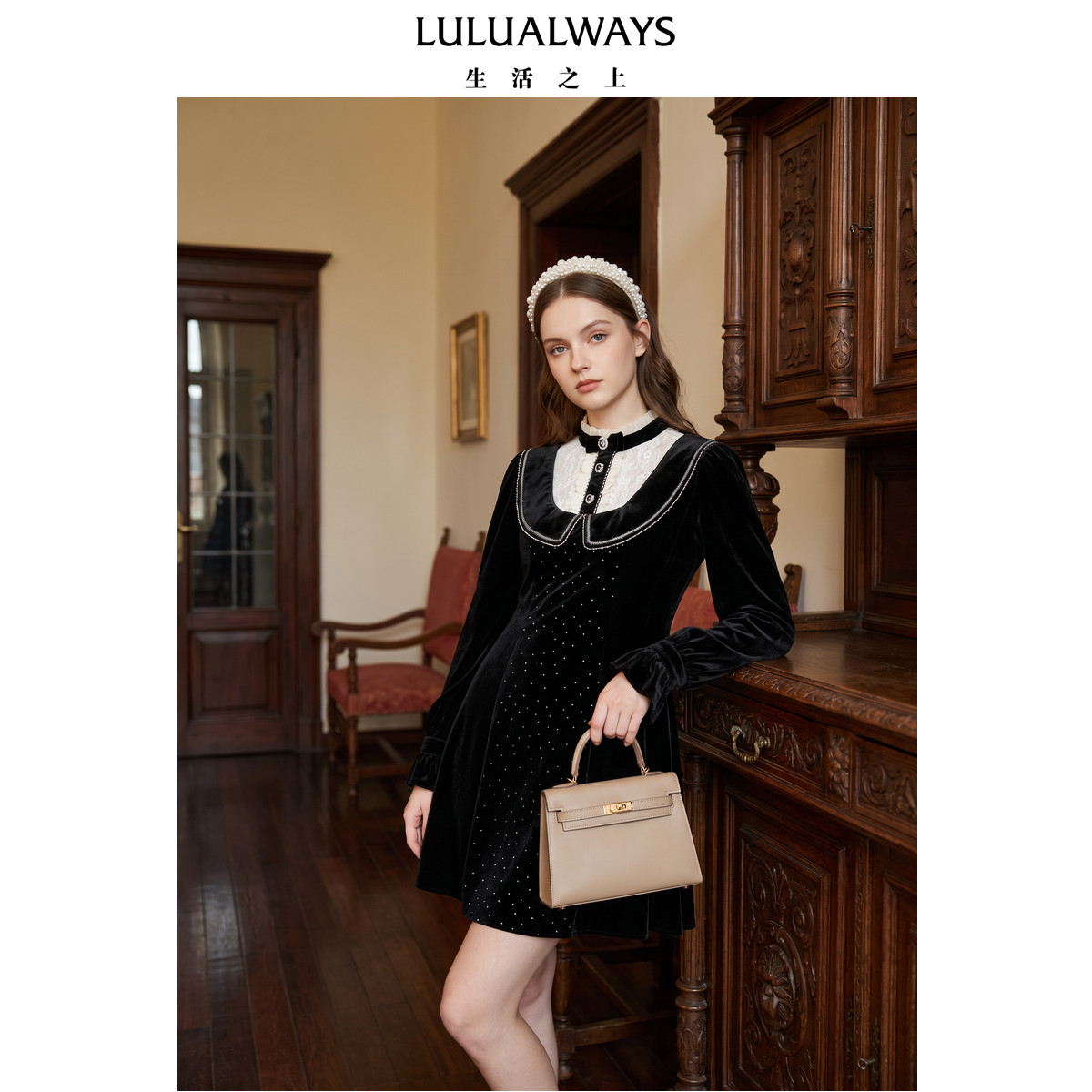 LULUALWAYS我爱露露26冬季新款千金风暗黑系收腰洛丽塔裙连衣裙