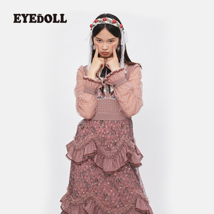 EYEDOLL 气质感复古淑女风荷叶袖网纱印花雪纺蕾丝蛋糕连衣裙