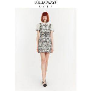 LULUALWAYS我爱露露新款甜美提花拼接蕾丝短款连衣裙