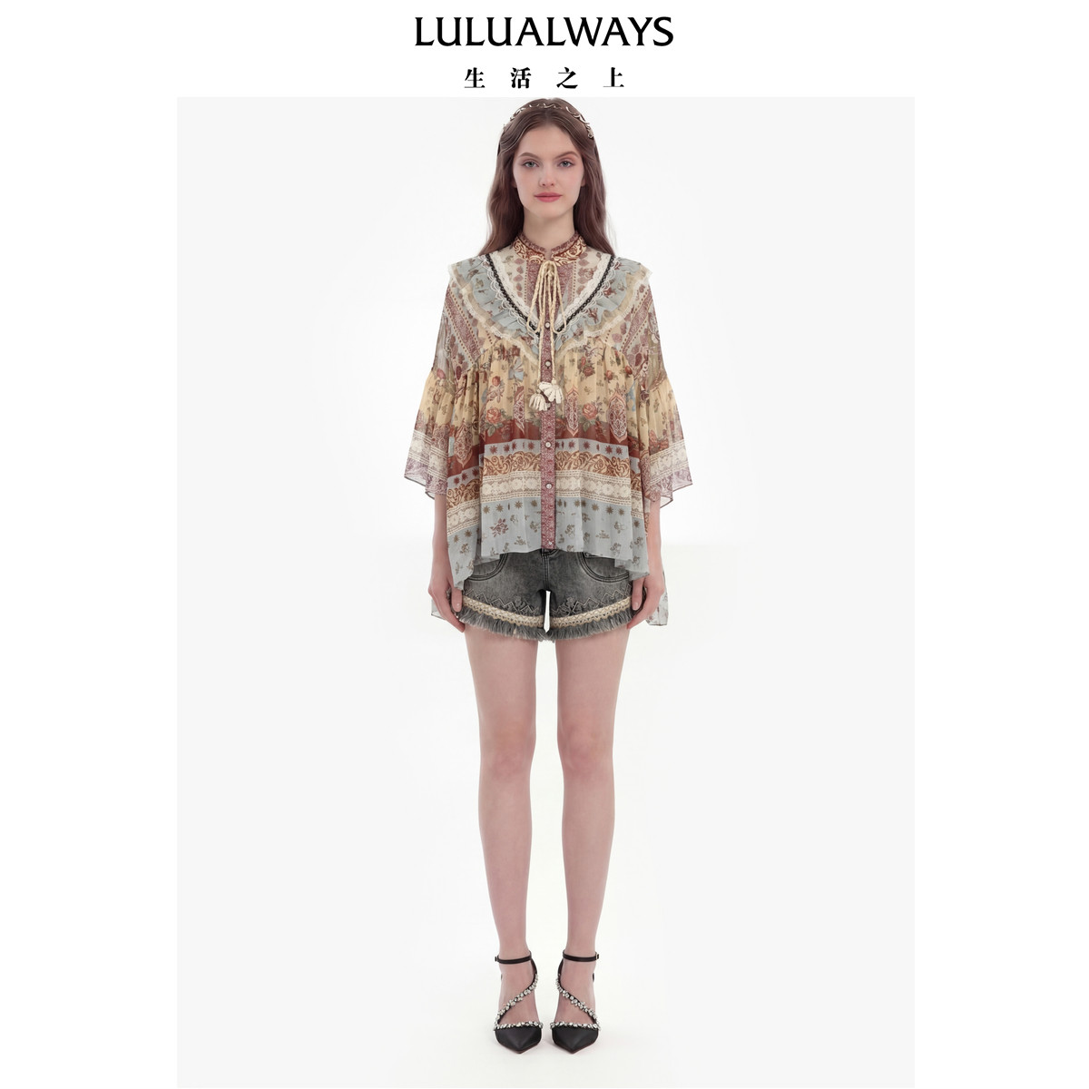 LULUALWAYS【商场同款】26夏新【凡尔赛玫瑰】雪纺宽松荷叶边上衣