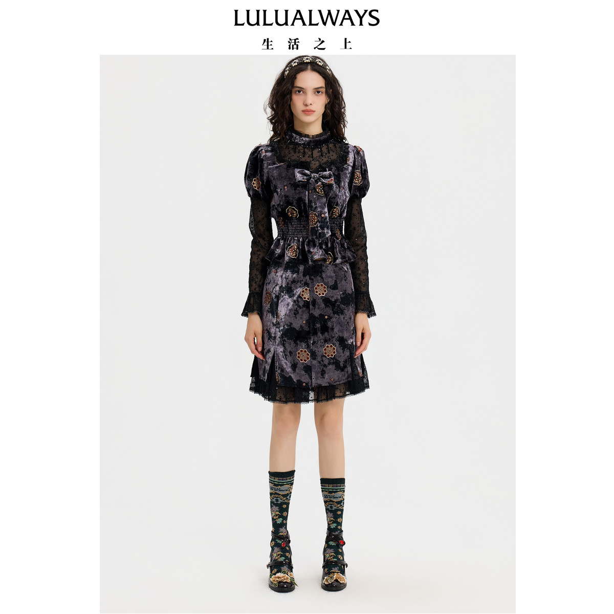 LULUALWAYS【商场同款】冬季新款复古优雅丝绒蝴蝶结羊腿袖上衣