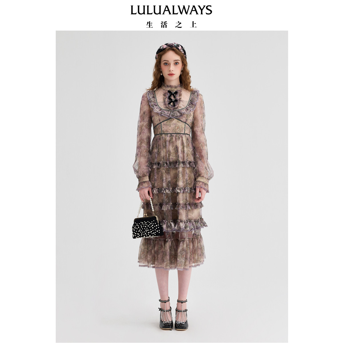 LULUALWAYS【商场同款】春季新款复古宫廷风长袖连衣裙法式蛋糕裙