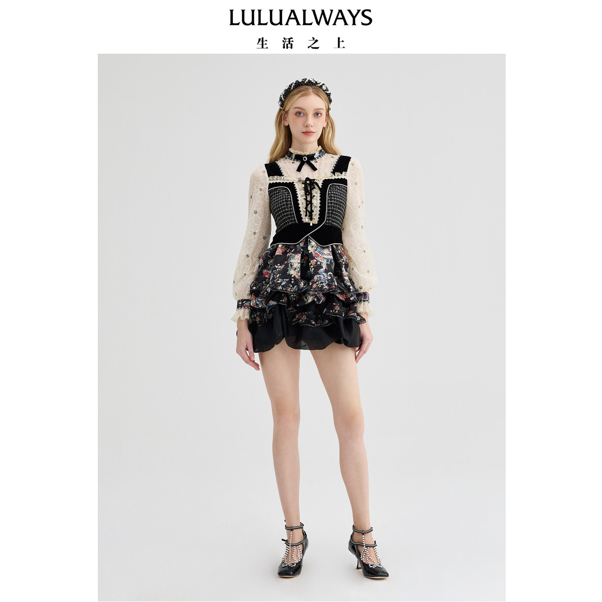 LULUALWAYS【商场同款】复古小众别致假两件印花连衣裙,女装/女士精品,连衣裙,淘宝优惠券,粉丝福利购,淘宝优惠卷