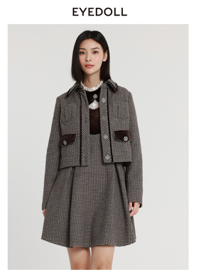 EYEDOLL新款法式时髦通勤千鸟格翻领短款外套