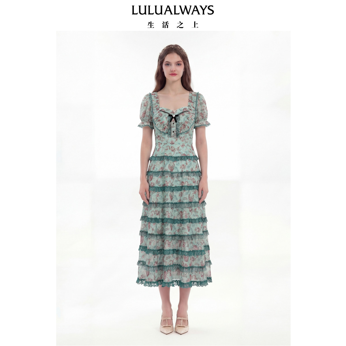 LULUALWAYS我爱露露26夏季新款法式氛围感雪纺蛋糕裙长款连衣裙