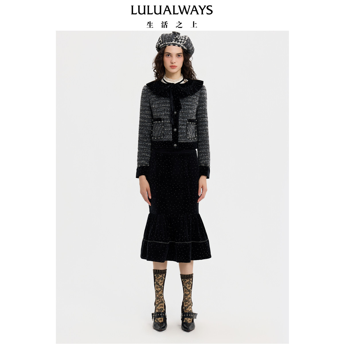 LULUALWAYS【商场同款】25冬季优雅气质小香风荷叶边短款外套
