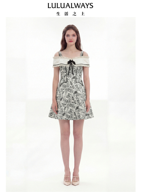 LULUALWAYS我爱露露26夏季新款法式复古风修身提花一字肩连衣裙