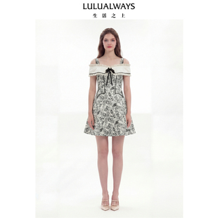 复古风修身 法式 提花一字肩连衣裙 新款 LULUALWAYS我爱露露26夏季