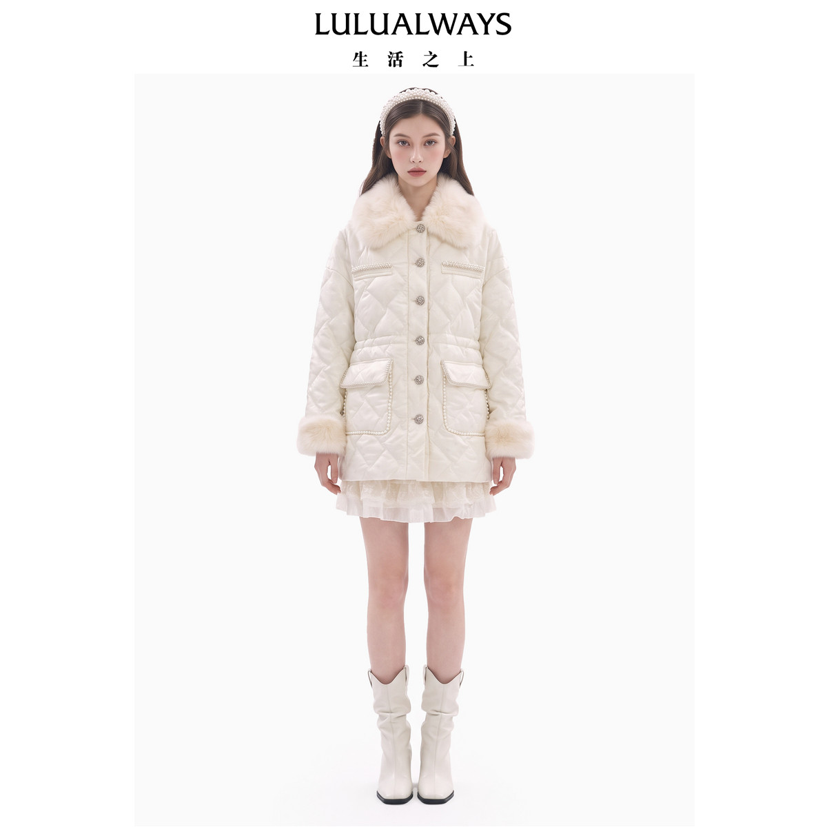 LULUALWAYS我爱露露26冬季新款轻奢小香风拼接大毛领中长款棉外套