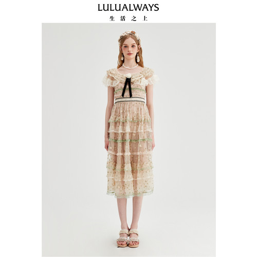 华服系列-玫瑰之约LULUALWAYS夏季新款立体层次感飘逸连衣裙女