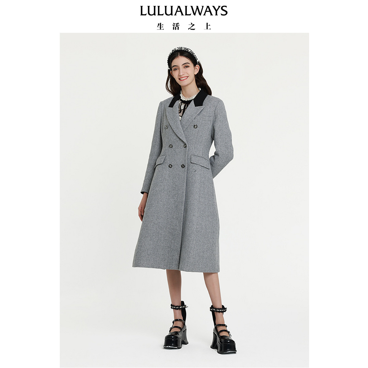 LULUALWAYS我爱露露新款时髦英伦风长款灰色毛呢大衣