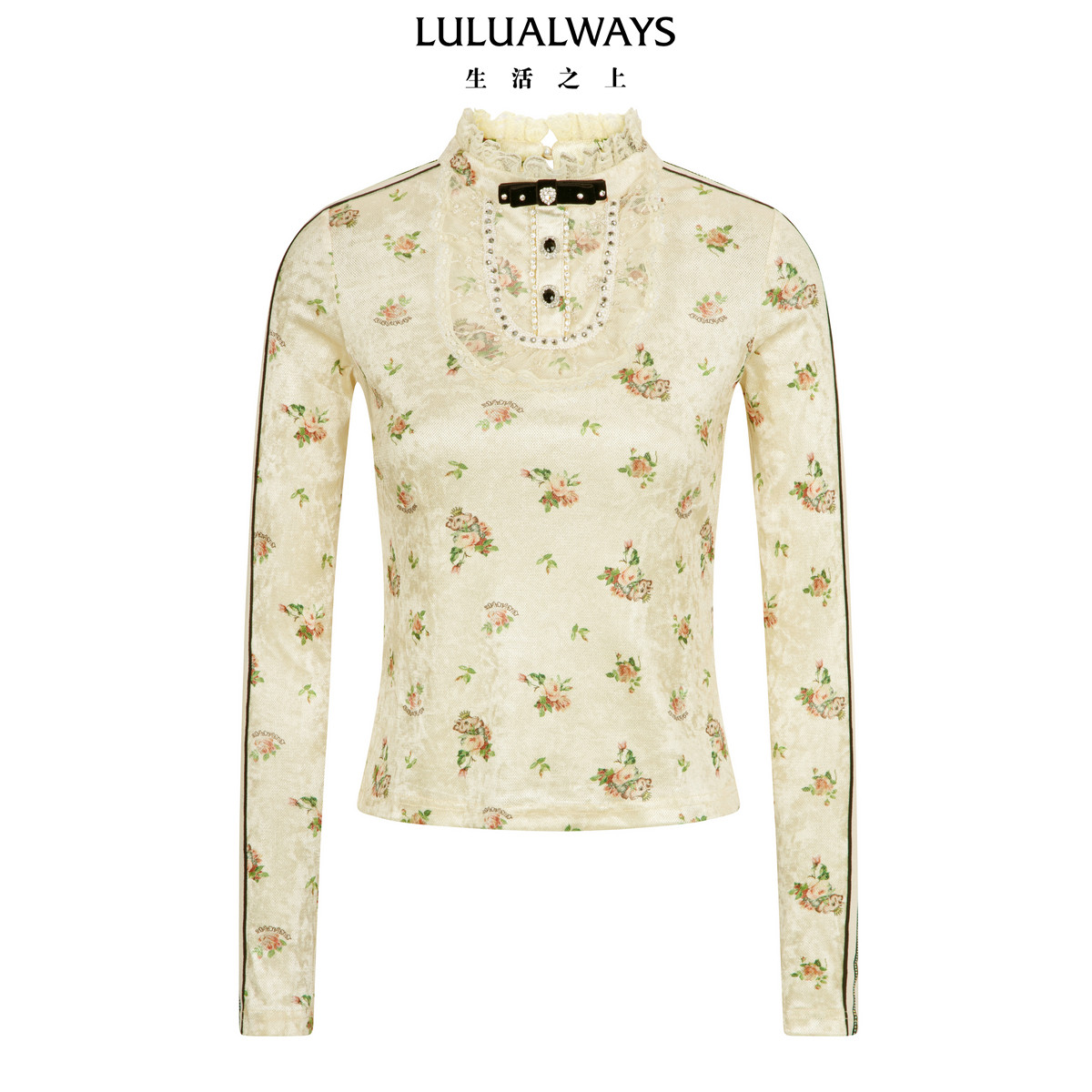 LULUALWAYS【商场同款】25冬季新款复古甜美碎花木耳边蕾丝打底衫