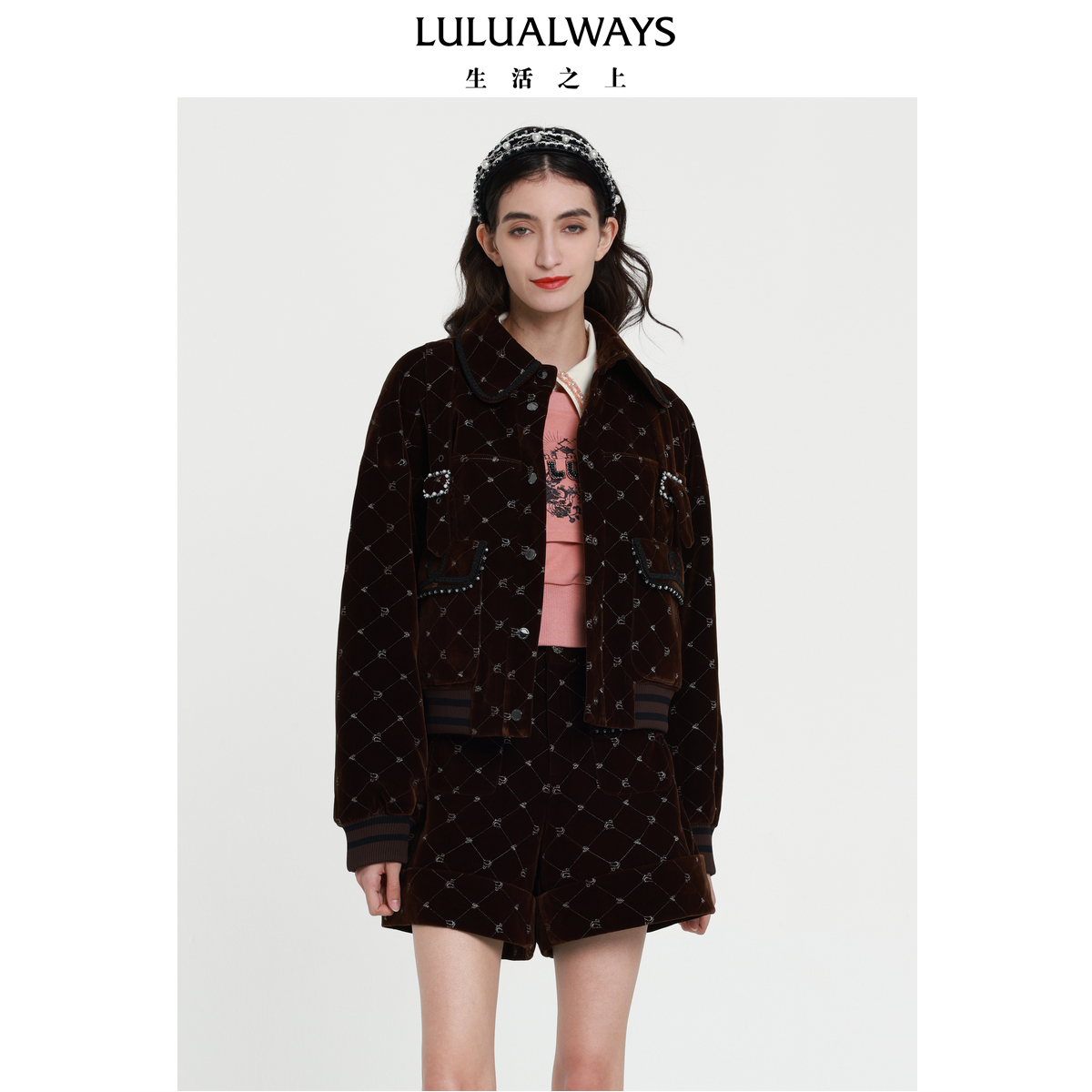 LULUALWAYS我爱露露新款时尚翻领绣花咖色女短款棉外套