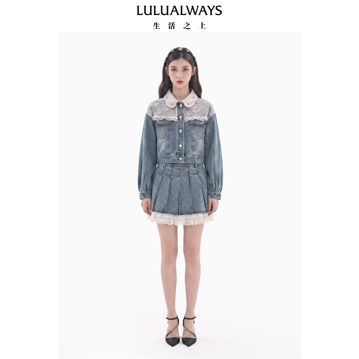 LULUALWAYS【商场同款】26秋季新款复古蕾丝花朵领口蓝色牛仔外套
