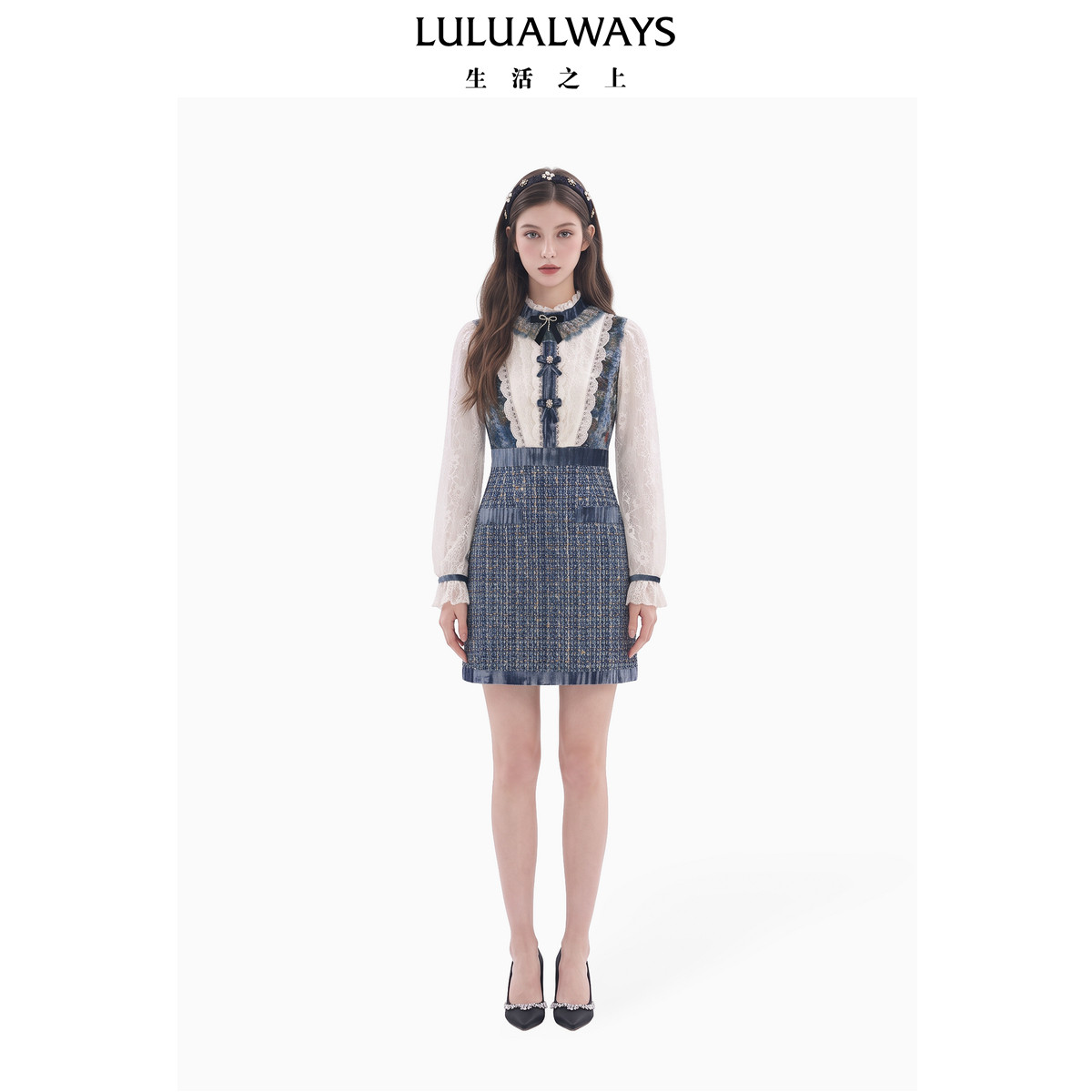 LULUALWAYS【商场同款】26冬季新款法式复古粗花呢拼接蕾丝连衣裙
