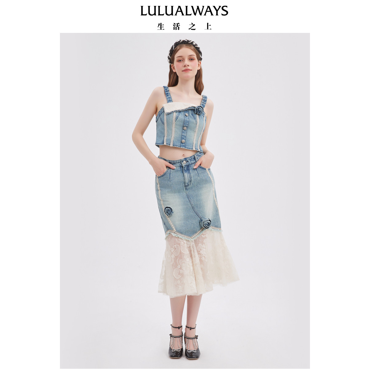 LULUALWAYS我爱露露秋季新款【复古蕾丝花语】长款牛仔半身裙女