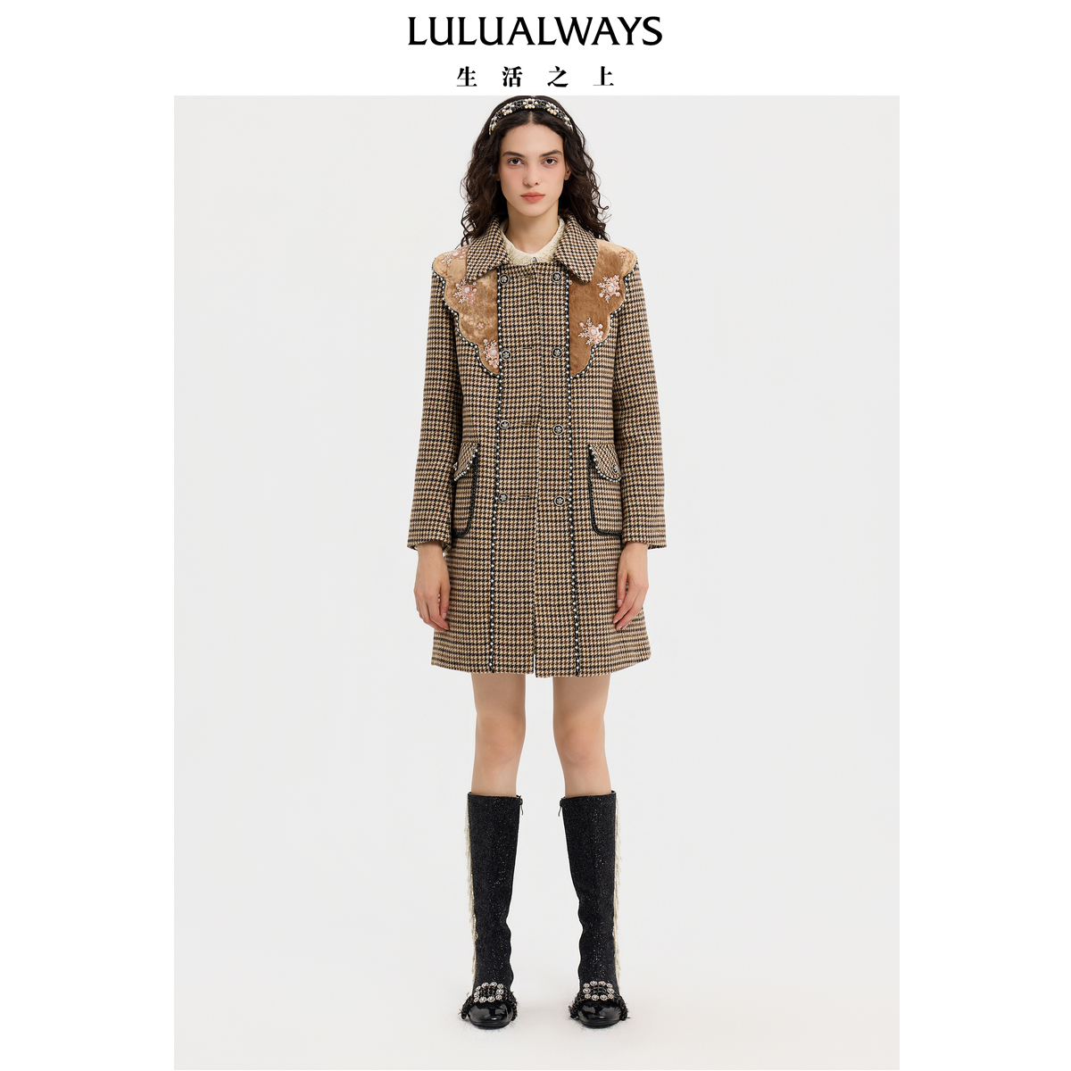 LULUALWAYS【商场同款】25冬季新款经典复古优雅千鸟格大衣外套女