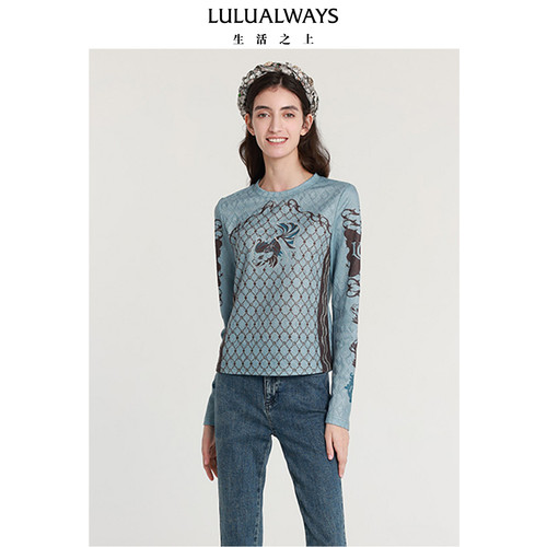 LULUALWAYS我爱露露新款时尚印花圆领修身短款打底衫