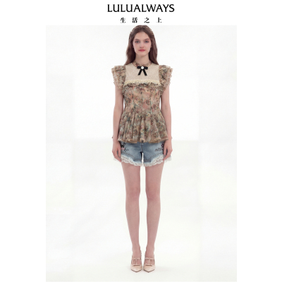 LULUALWAYS我爱露露26夏季新款复古油画风飞飞袖荷叶边碎花上衣