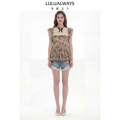 LULUALWAYS我爱露露26夏季新款复古油画风飞飞袖荷叶边碎花上衣