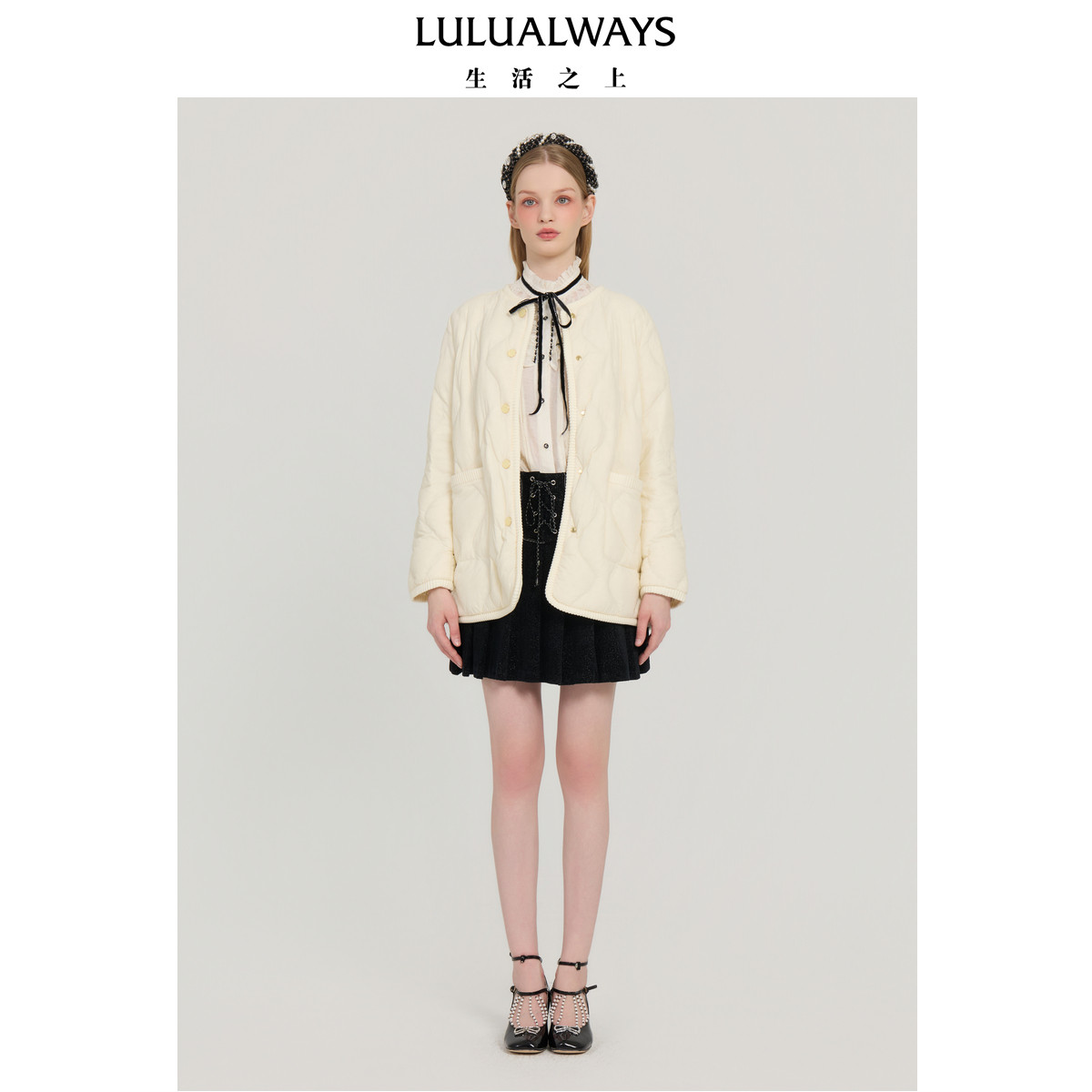 LULUALWAYS我爱露露冬季新款休闲简约轻薄鹅绒米色中长款羽绒服