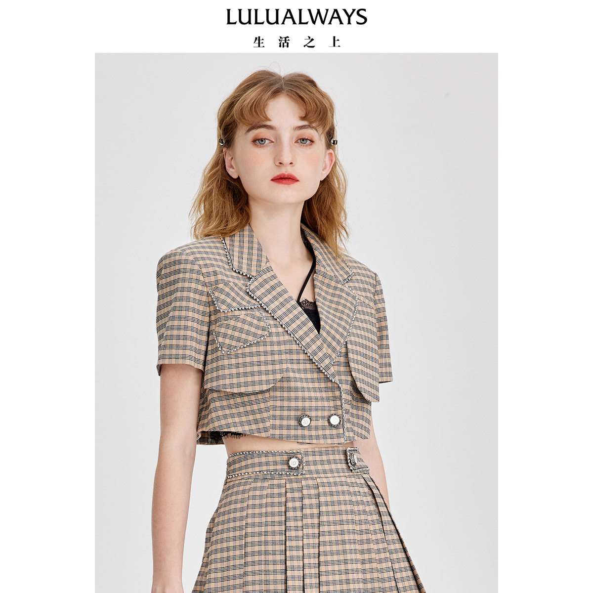 格纹短款西装外套lulualways时髦图片