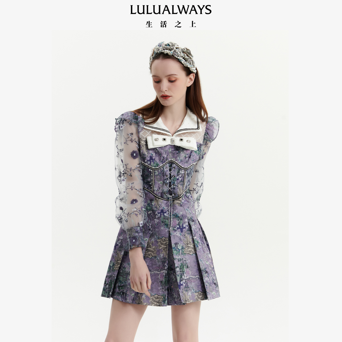 LULUALWAYS蝴蝶结翻领连衣裙