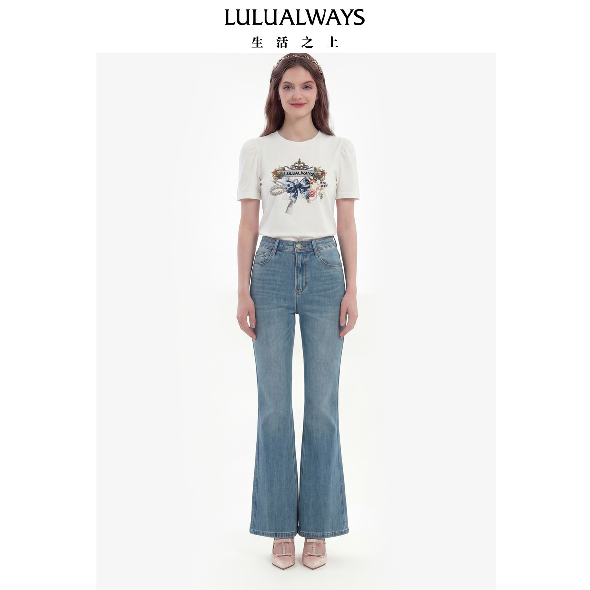 LULUALWAYS我爱露露26夏季新款日常通勤百搭烫钻蝴蝶结圆领T恤女