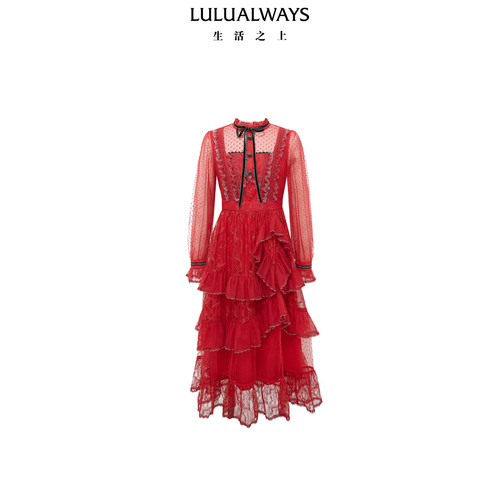 LULUALWAYS【商场同款】法式复古宫廷氛围感蕾丝连衣裙