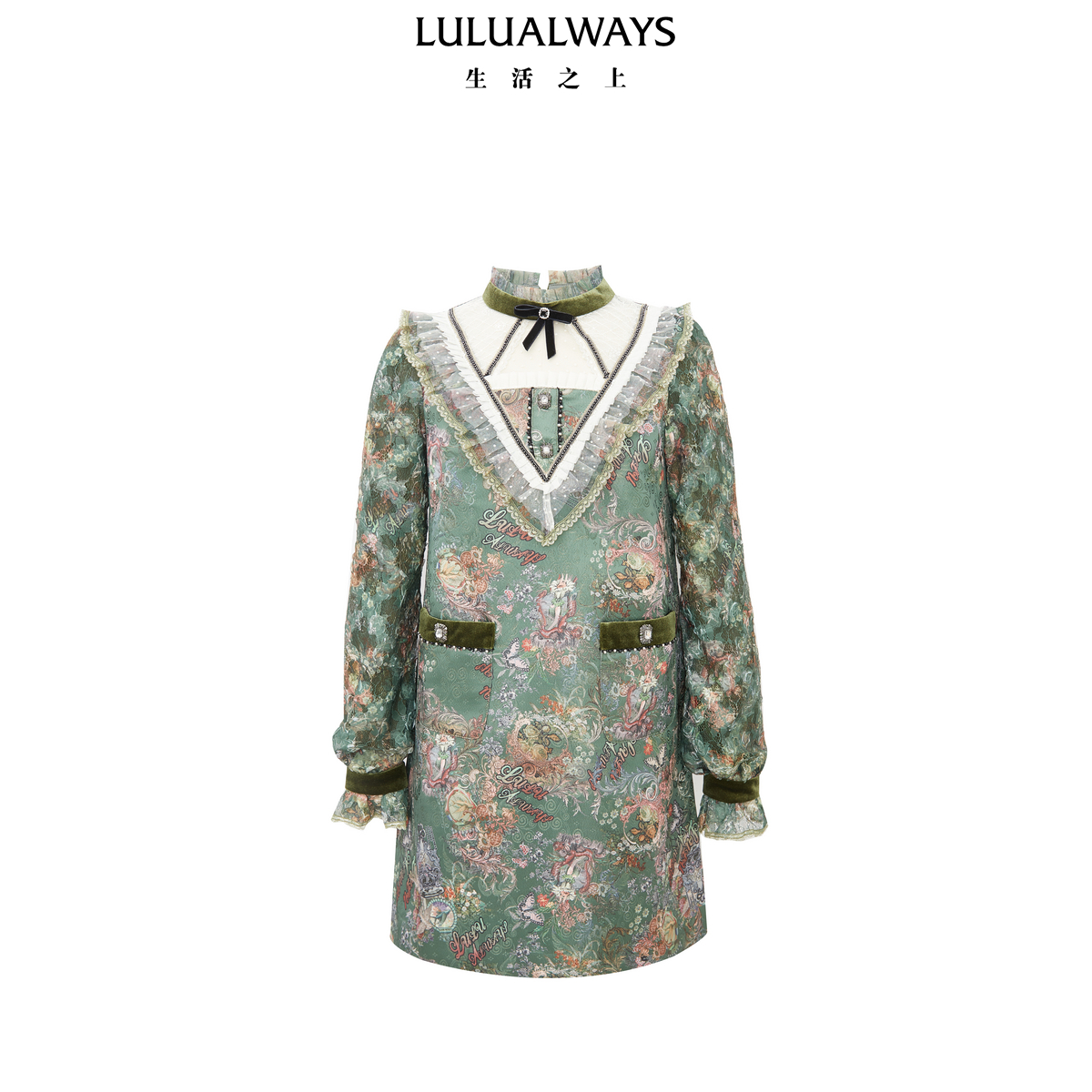 LULUALWAYS我爱露露冬季新款复古宽松直筒短款金丝提花连衣裙女