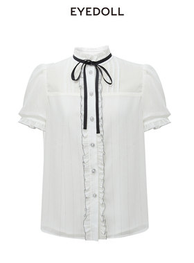 EYEDOLL夏季时尚航海百搭甜美木耳边短款白色衬衫
