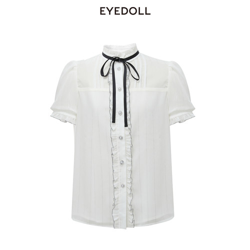 EYEDOLL夏季时尚航海百搭甜美木耳边短款白色衬衫
