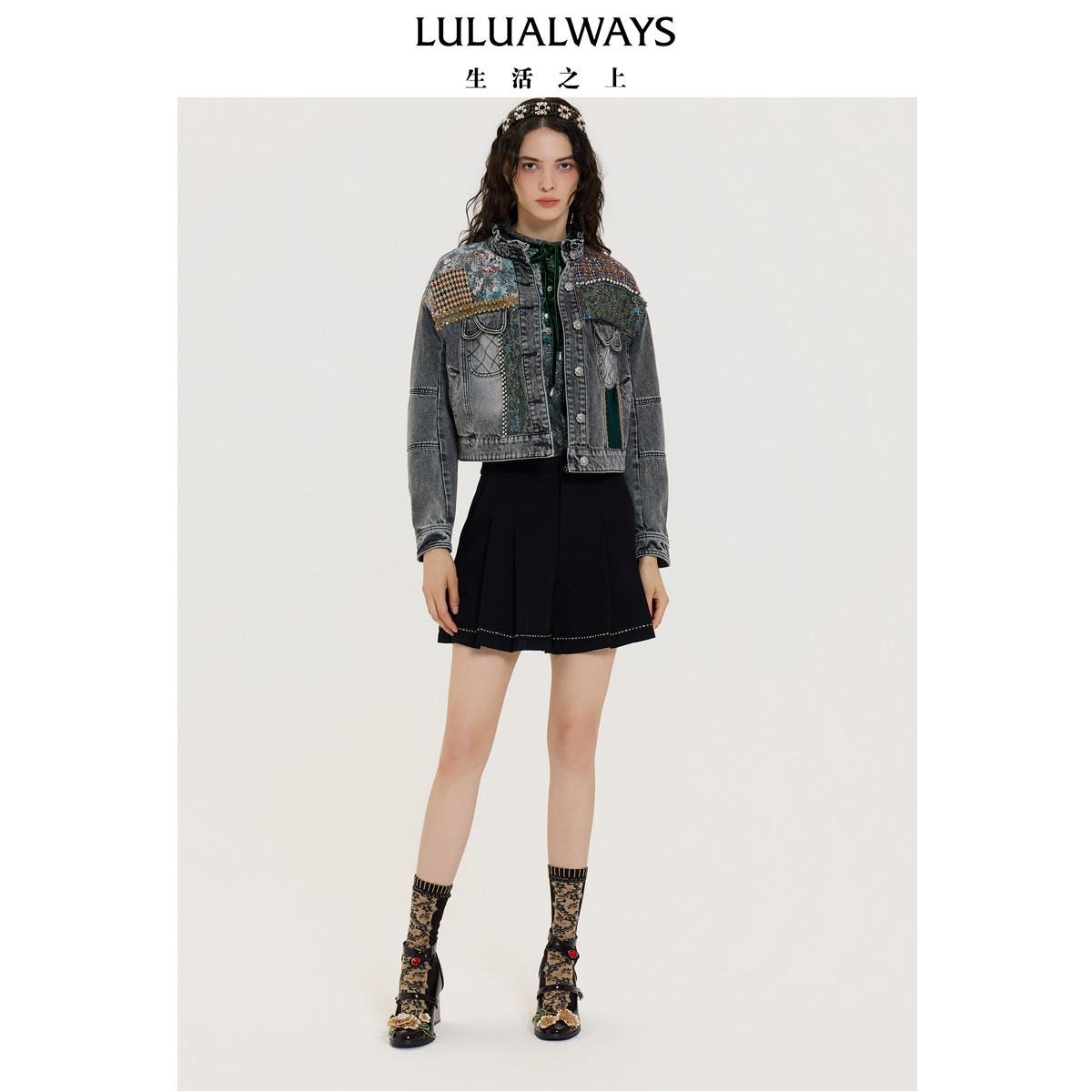 LULUALWAYS【商场同款】秋季新款休闲木耳边灰色拼接牛仔短外套
