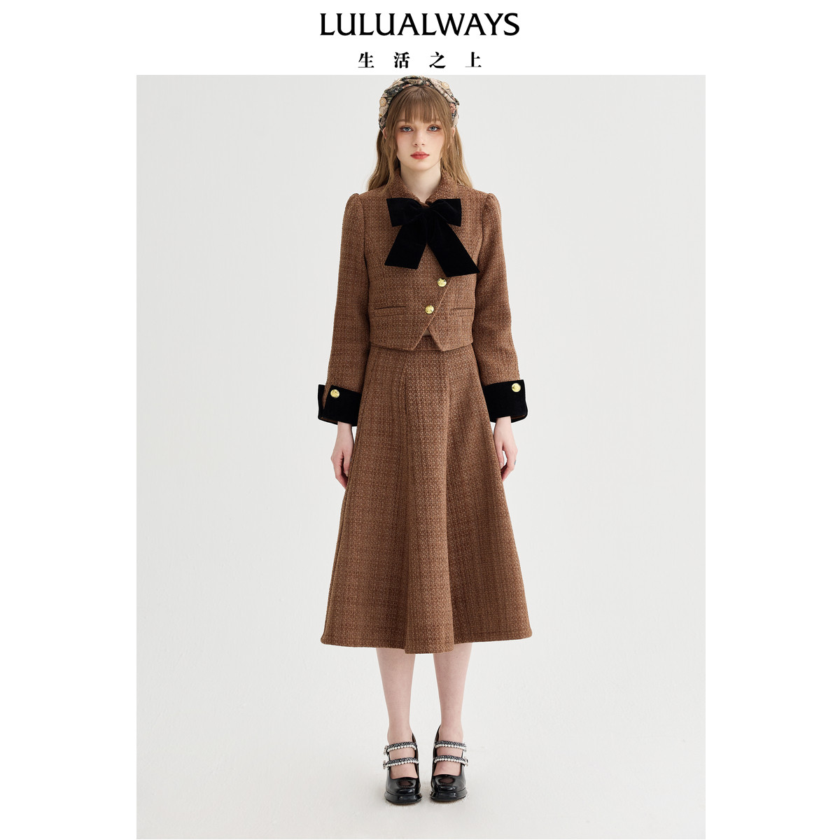 LULUALWAYS【商场同款】冬季新款优雅通勤小香风丝绒蝴蝶结短外套