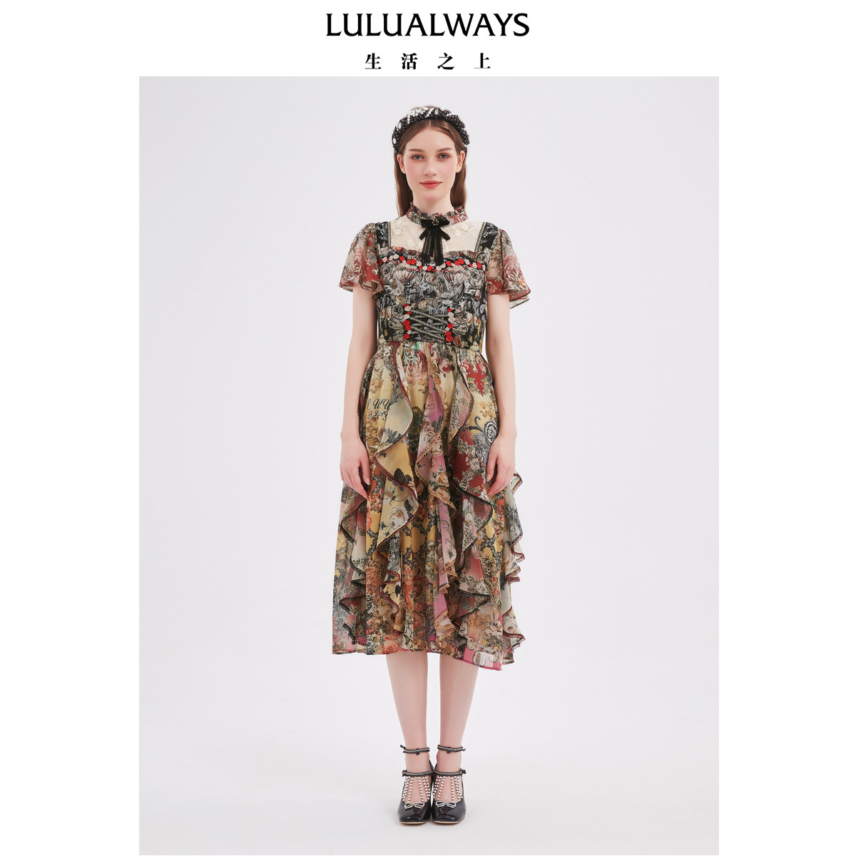 LULUALWAYS【商场同款】夏季新款西西里优雅浪漫蔷薇花连衣裙
