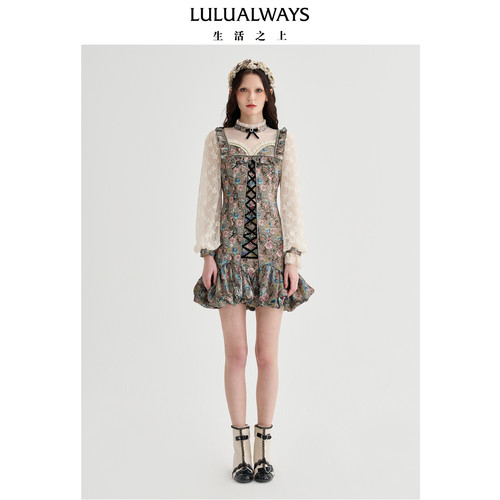 LULUALWAYS【商场同款】复古宫廷设计感绑带花瓶连衣裙