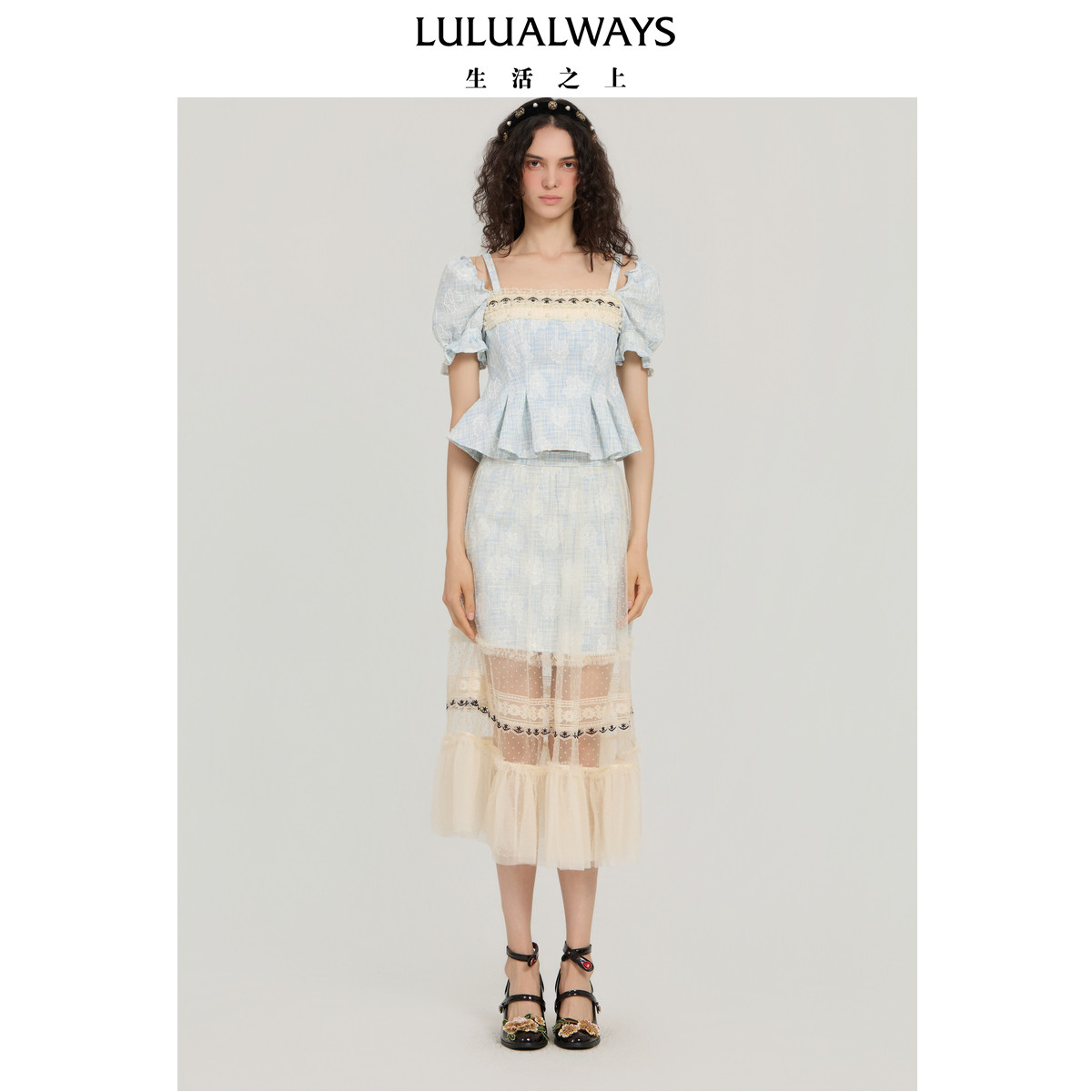 LULUALWAYS【商场同款】秋季新款浅蓝绮想清新甜美露肩短款上衣
