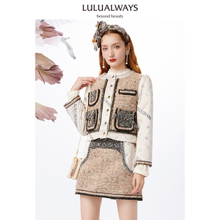 LULUALWAYS【商场同款】口袋撞色流苏小香风粗花呢拼接绣花棉服女