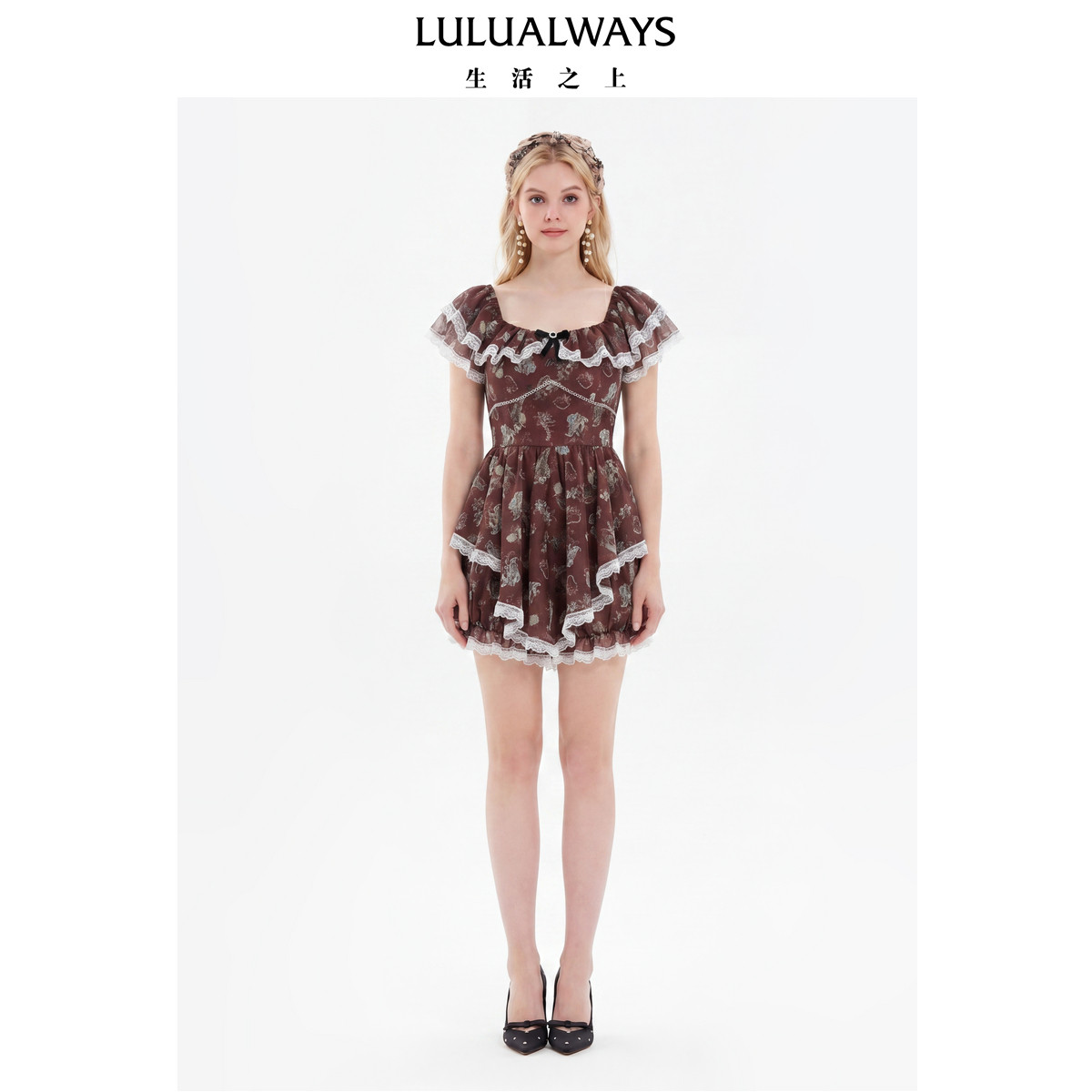 LULUALWAYS我爱露露26夏季复古甜美俏皮方领荷叶边酱红收腰小上衣